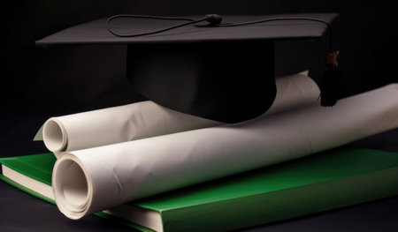 Graduation cap and diplomas with artistic shadows, close-up perspective, elegant lookの素材