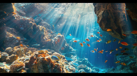 Colorful fish, vibrant underwater scene with sun rays, coral reef, aquatic beauty, marine life conceptの素材