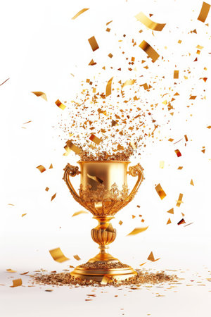 Golden trophy with splashes on a light background, creating a sense of movement and triumphの素材