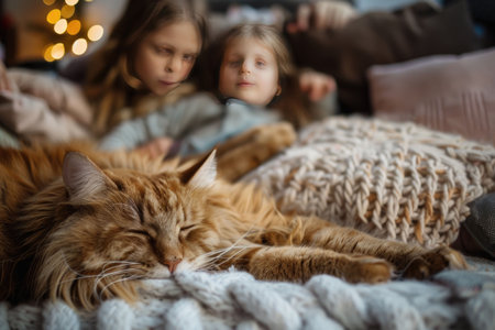 Cozy family morning with a fluffy cat lying on a bed in a softly lit bedroomの素材