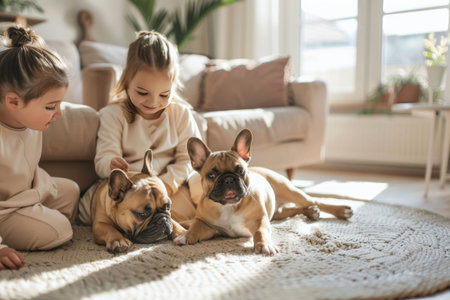 Children cuddling with golden retrievers on the carpet in a bright living room, joyful and serene momentの素材