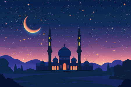 A majestic mosque with a crescent moon and twilight hues of purple and orange creating a dreamlike atmosphere.の素材