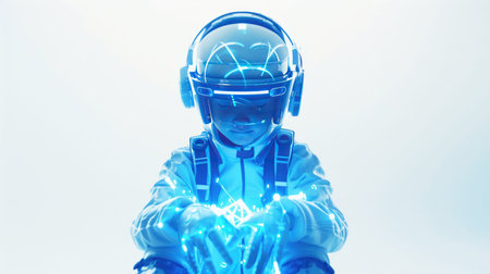 A close-up of a futuristic glowing blue humanoid face, showing shimmering particles and a cyber aesthetic with radiant lightの素材
