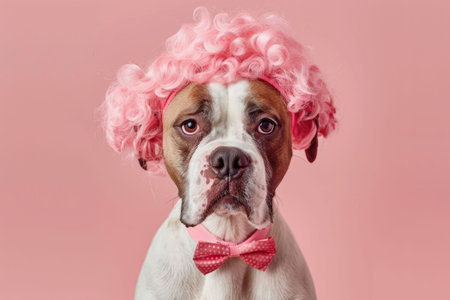 Dog wearing pink shower cap surrounded by foam bubbles on pink backgroundの素材