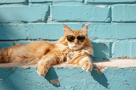 Ginger cat lying down near a brick wall with a calm expression under bright and warm natural lightの素材