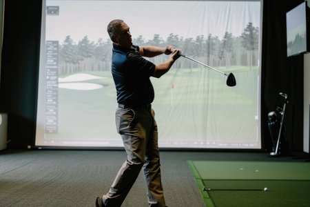 A golfer swings a club indoors, with a virtual screen showing a golf courseの素材