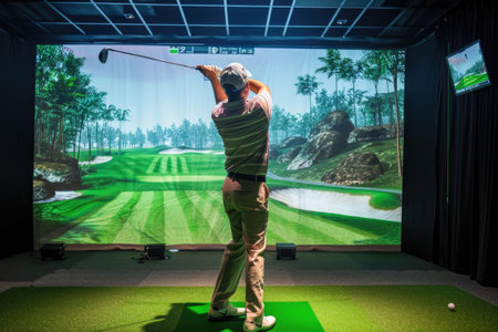 A golfer standing in a golf simulator preparing to swing with vivid green grass displayed on the screenの素材