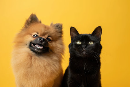 Two fluffy kittens, one black and one beige, sitting on a vibrant yellow backgroundの素材