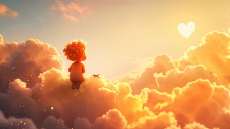 A serene angelic figure surrounded by glowing orange clouds in a radiant sunset skyの素材