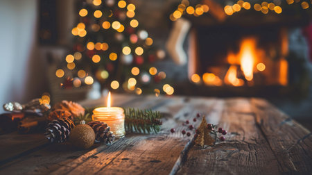 Beautiful Christmas tree glowing with lights, surrounded by holiday gifts and warm wooden floorの素材