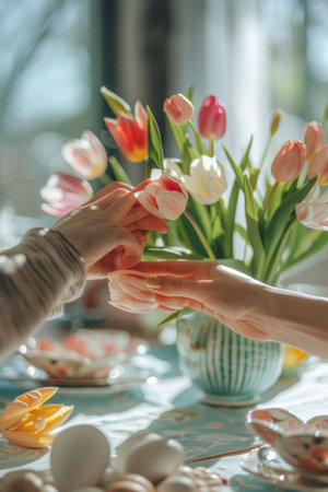 Indoor dining table decorated with a fresh bouquet of orange tulips and tablewareの素材