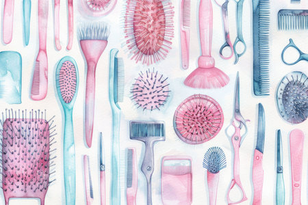 Collection of colorful hair styling tools and brushes arranged neatlyの素材