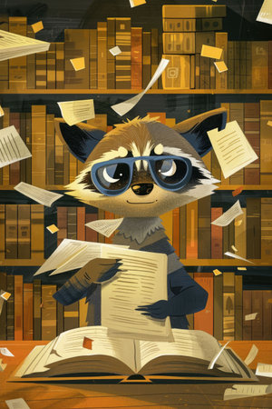 A raccoon surrounded by books in a cozy library, looking curious and engagedの素材