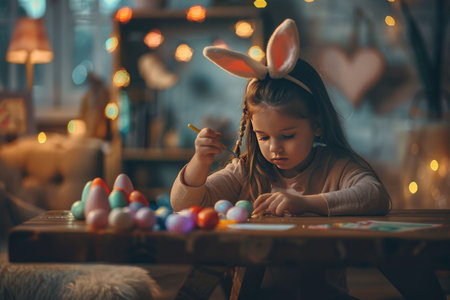 A little girl wearing bunny ears painting colorful Easter eggs at a cozy wooden table, surrounded by warm bokeh lights in a festive and creative atmosphereの素材