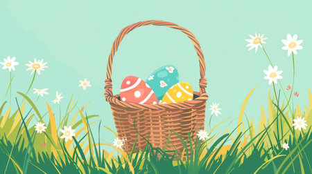 Easter basket with colorful decorated eggs in a grassy field with daisies under a soft pastel skyの素材