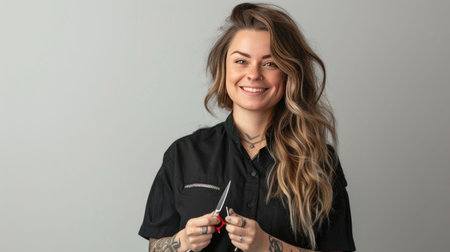 Young woman with long wavy hair standing in front of a neutral background holding a brushの素材