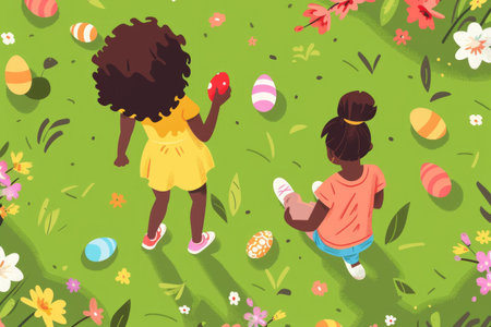 Two children explore a vibrant grassy field filled with colorful Easter eggs and spring flowers, enjoying the festive outdoor atmosphere.の素材