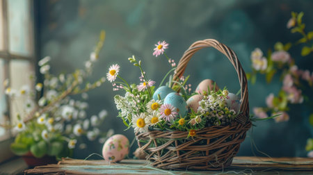 Decorated Easter eggs in a mossy forest setting with sunbeams filtering through the treesの素材