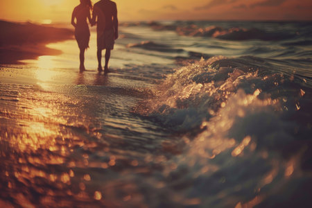 Romantic seaside walk with a couple at sunset surrounded by golden hues and soft wavesの素材