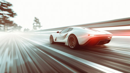 A red sports car accelerating on a wide open road at sunrise, surrounded by motion blur and golden light for a cinematic effectの素材