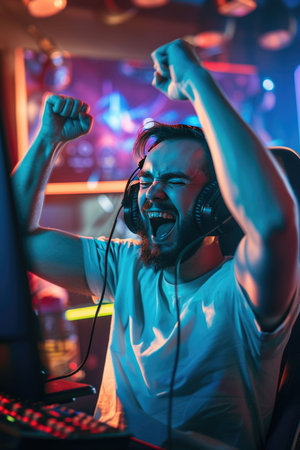 A person wearing a VR headset in a neon-lit room, surrounded by glowing pink and blue tones, creating a high-tech and immersive feelの素材