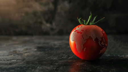 A ripe tomato resting on a dark, textured surface with soft, moody lighting that highlights its natural contours and vibrant color.の素材
