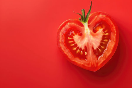 Freshly sliced tomato with vibrant red tones on a bold red background, revealing juicy texture and seeds in a symmetrical cross-section.の素材