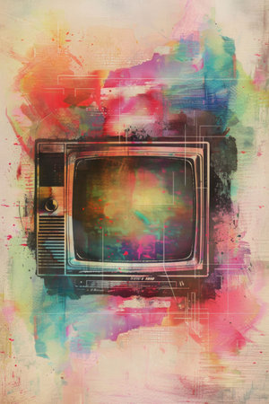 Retro television in vivid watercolor tones, blending nostalgia with modern artistic elementsの素材