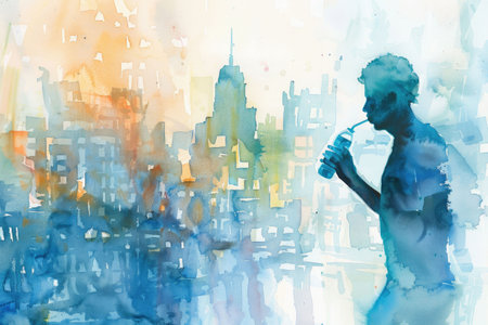 Silhouetted woman in a dynamic watercolor cityscape, glowing in the sunlight and dressed in sporty blue attireの素材