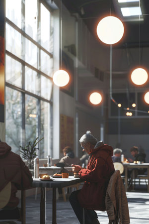 A cozy cafe scene with soft sunlight streaming through large windows, featuring an older man in a red coat enjoying his meal while seated at a table.の素材