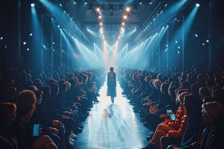 Concert stage with intense lighting effects and a mysterious glowing path in the misの素材