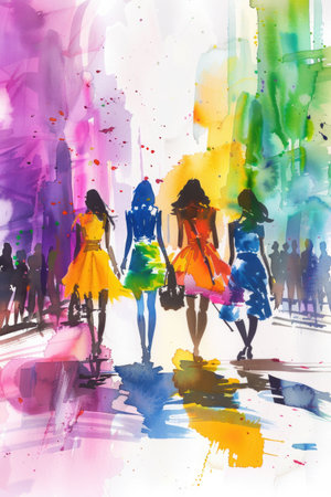Vibrant watercolor cityscape featuring silhouettes walking in sunlight, with soft gradients and reflective surfaces adding depth.の素材