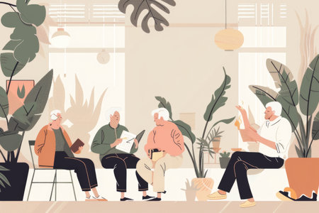 Abstract art of a relaxed group stretching in a calm room with minimal furniture and soft lightingの素材