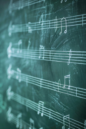 Musical notes and staff lines drawn on a green chalkboard in a classroomの素材