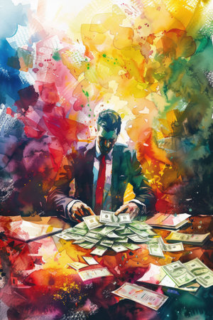 A bold abstract painting of a businessman at a desk, surrounded by money and financial papersの素材