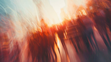 A surreal cityscape with blurred crowds and vibrant neon lighting creating a futuristic feelの素材