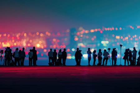 A vibrant red carpet event with a city skyline in the background, featuring bright lights and a stylish atmosphereの素材