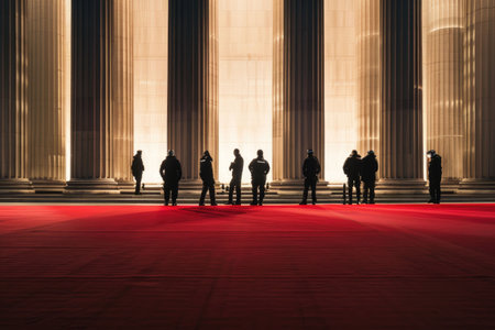 Warm golden light illuminates towering columns and a red carpet, as people walk toward a grand architectural entranceの素材