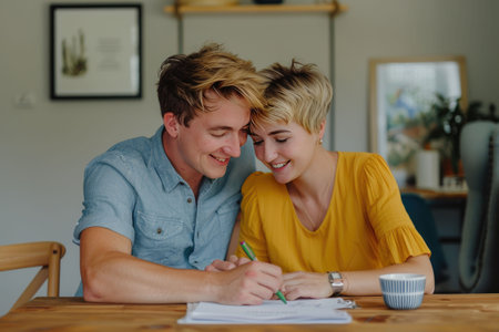 Smiling couple relaxing together after finishing workの素材