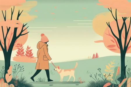 Warm autumn scene with a mother and child walking in a park, surrounded by golden leaves and soft sunlightの素材