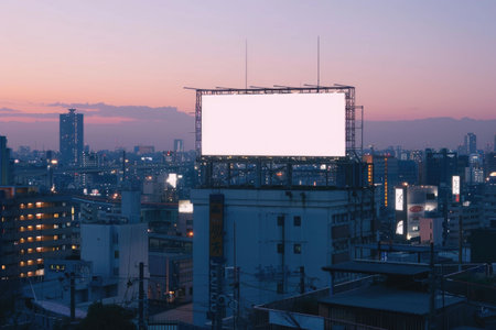 Massive glowing billboard on a rooftop overlooking the cityscape at twilightの素材
