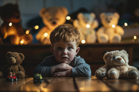 Boy sitting by Christmas lights with teddy bears and giftsの素材