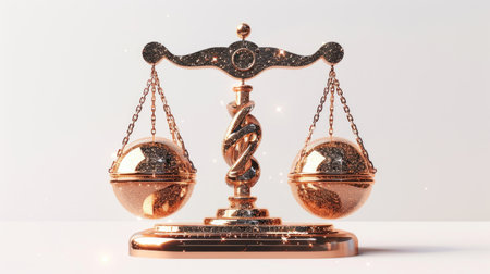 Copper justice scale with glass bowls on modern standの素材