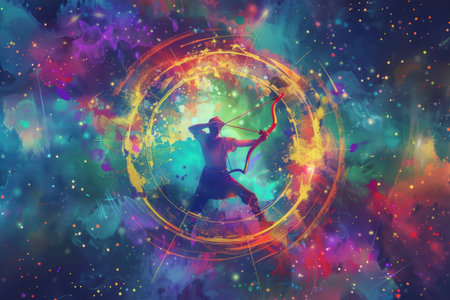 Two figures spinning in glowing cosmic ring in vibrant spaceの素材