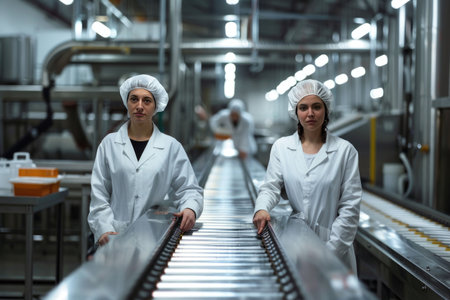 Two employees in a food production facility smiling and posing for the cameraの素材