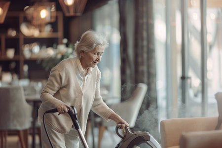 Focused elderly woman writing notes at cozy wooden desk in warm lightingの素材