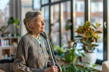 Elderly woman smiling warmly while seated at a table in sunny roomの素材