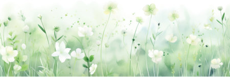 pastel watercolor floral background image with white flowers, in the style of light emerald and white. banner.の素材