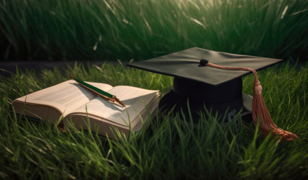 Closed book lying in tall grass with graduation cap nearby in a quiet natural settingの素材
