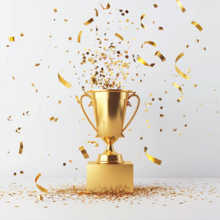 Golden trophy with scattered golden confetti on a white background, symbolizing achievement and celebrationの素材
